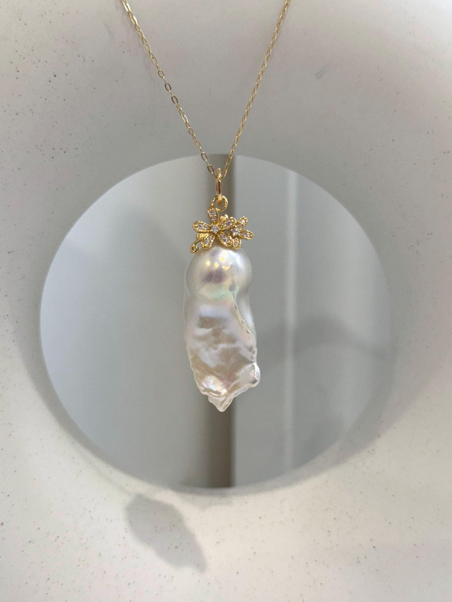 14.6x33mm InSale Extreme luster white iridescent smooth Baroque Pearl s925 silver floral pendant silver chain Necklace gift for her holiday gift