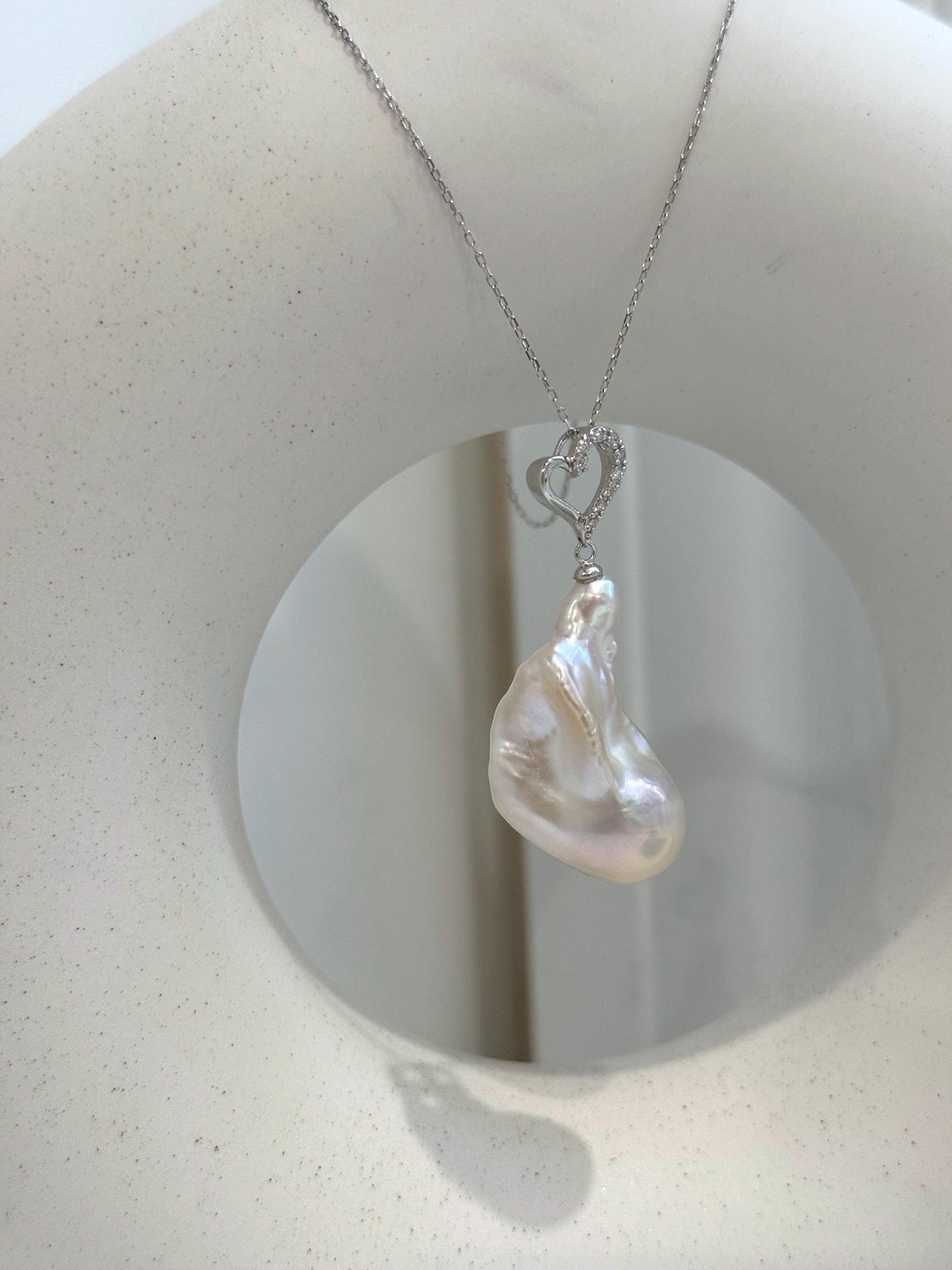17.4x32mm InSale Extreme luster white iridescent smooth Baroque Pearl s925 silver heart pendant silver chain Necklace gift for her.
