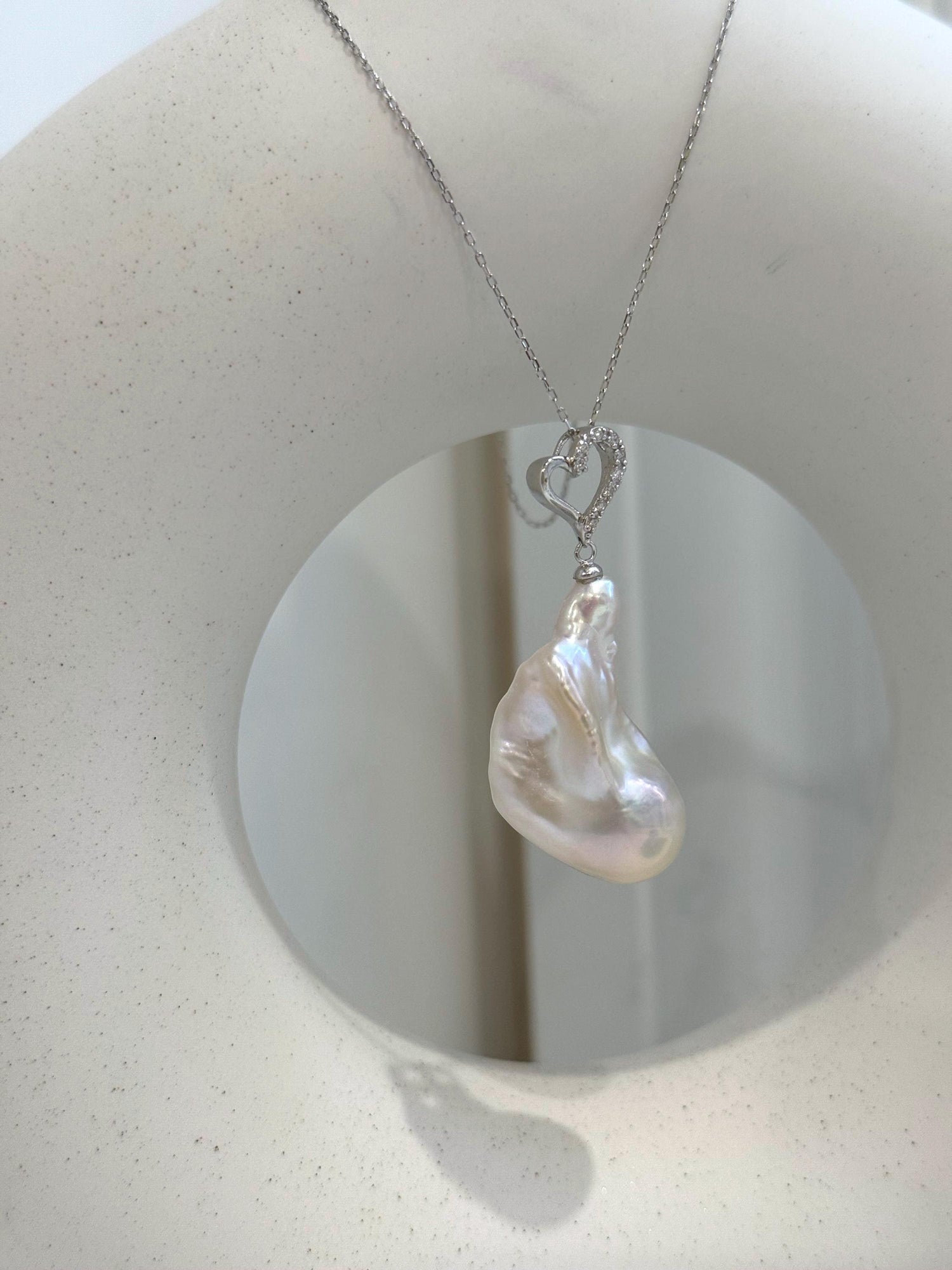 17.4x32mm InSale Extreme luster white iridescent smooth Baroque Pearl s925 silver heart pendant silver chain Necklace gift for her.