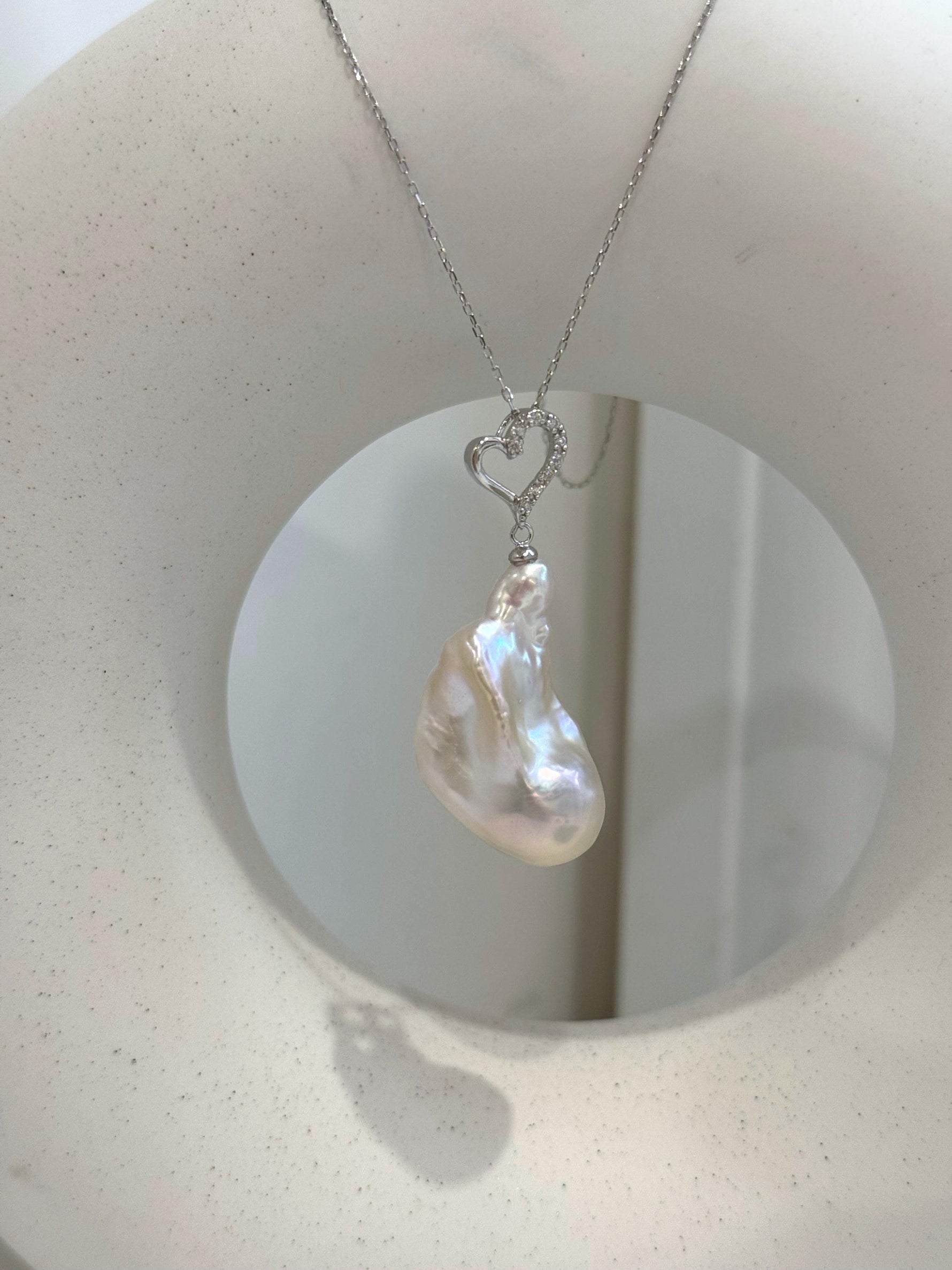 17.4x32mm InSale Extreme luster white iridescent smooth Baroque Pearl s925 silver heart pendant silver chain Necklace gift for her office wear