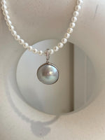 18.8mm clean smooth extreme luster Mirrored Freshwater Blue silver Mabe Pearl S925 silver pendant with white pearl necklace set.