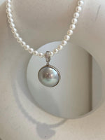 18.8mm clean smooth extreme luster Mirrored Freshwater Blue silver Mabe Pearl S925 silver pendant with white pearl necklace set.