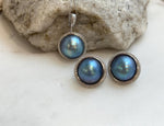 Insale strong luster purple green blue iridescent ocean Mabe dazzling s925 silver earrings & pendant necklace set. Gift for her birthday.