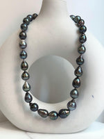 10-13.5mm 28pcs strong luster Tahitian peacock green blue silver Ocean Pearl strand Necklace unique gift for her. Knotted 17.3”