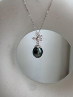 cheap Rare Insale 12.1mm Tahitian Exceptional Elegant silver green Ocean Pearl floral pendant Necklace unique gift for her.