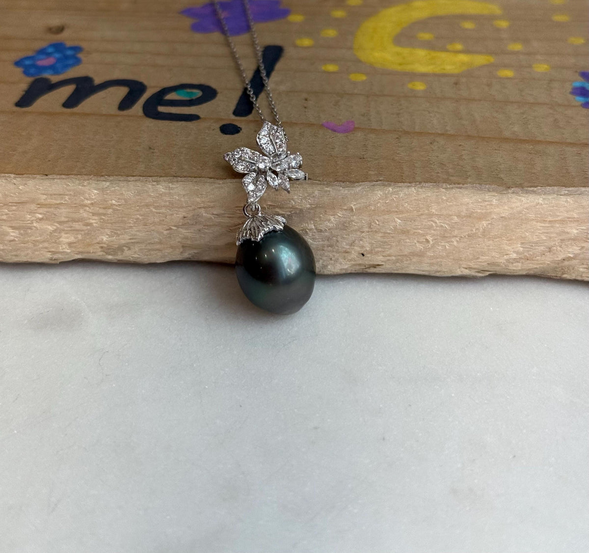 affordable Insale 12.1mm Tahitian Exceptional Elegant silver green Ocean Pearl floral pendant Necklace unique gift for her.