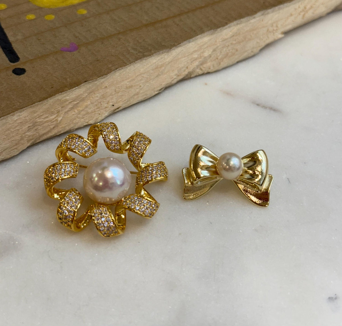 affordable 2 Brooches 12.5mm White Edison floral + 7.5mm Akoya Off White Pearl butterfly bow Broochs Gift Happiness Meanful mom teacher gift.