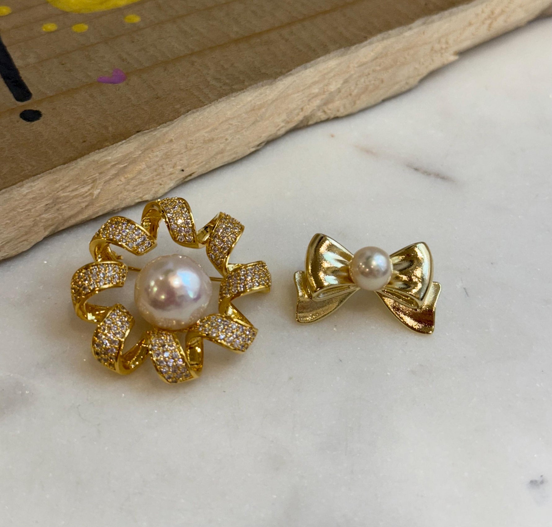 affordable 2 Brooches 12.5mm White Edison floral + 7.5mm Akoya Off White Pearl butterfly bow Broochs Gift Happiness Meanful mom teacher gift.
