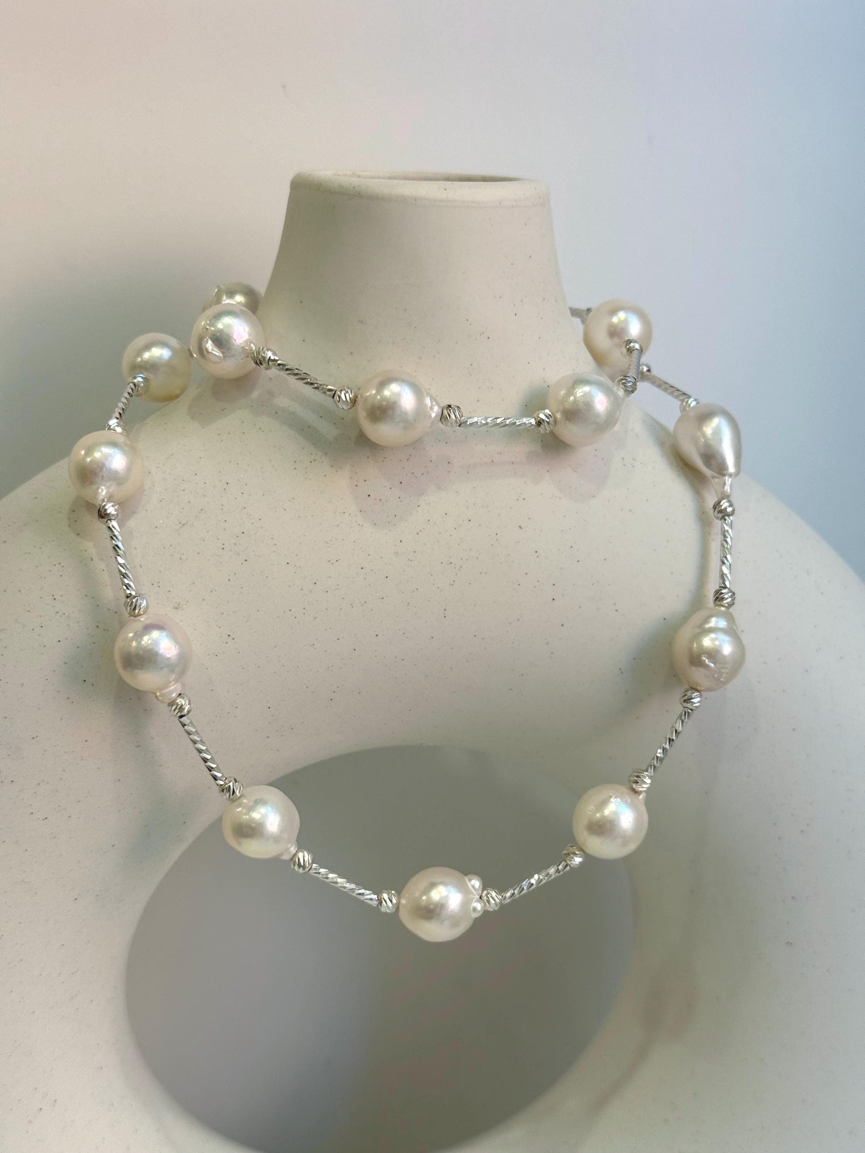 17pcs Extreme luster Akoya Ocean White pearls Satellite Exceptional Elegant s925 silver Necklace set for her. To 20”