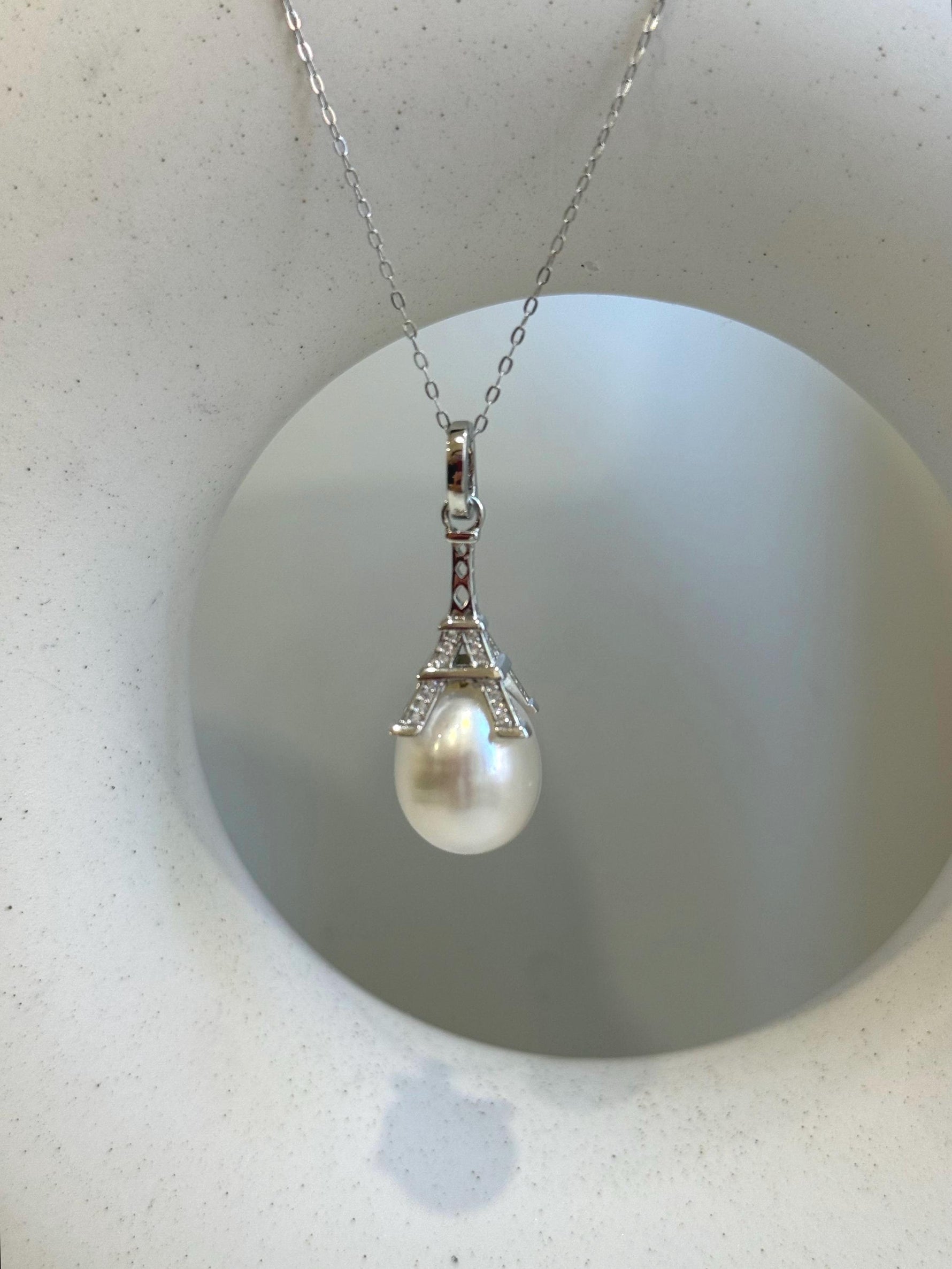 12.5mm Extreme luster Australian Ocean white Pearl S925 silver vintage pendant necklace set unique gift for her.