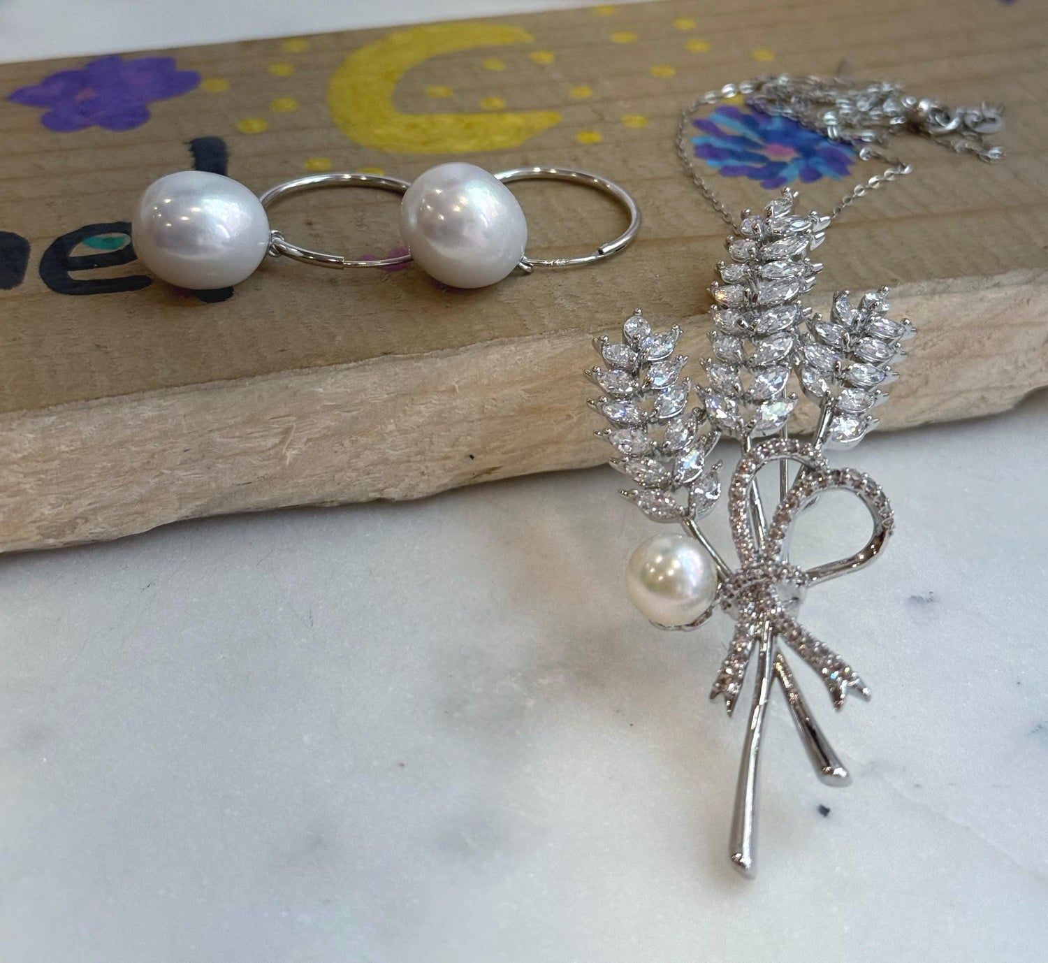 2 items Giveaway! strong luster 7.9mm Akoya white pearl Wheat Brooch + 11.4mm White Edison Egg Pearls silver Earring hoops, gift set for her