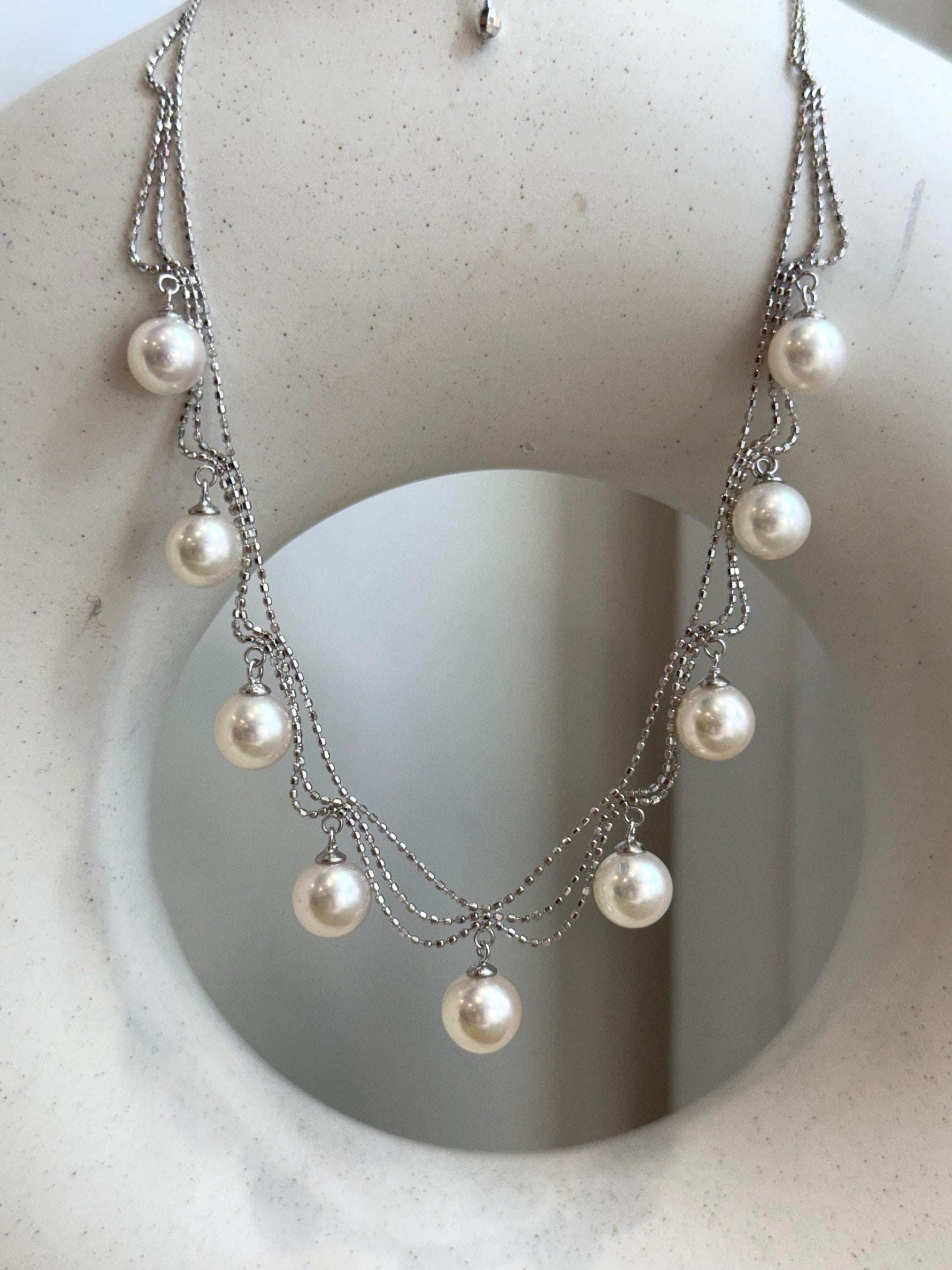 9pcs Extreme luster Mirrored Akoya off white Pearls Lace tassels silver chain Necklace set gift for her birthday 7.1-7.9mm