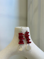Natural Metallic Iridescent Shells Red Bamboo Corals S925 silver vintage cool earring Hoops chandeliers gift for her. 5.5cm high.