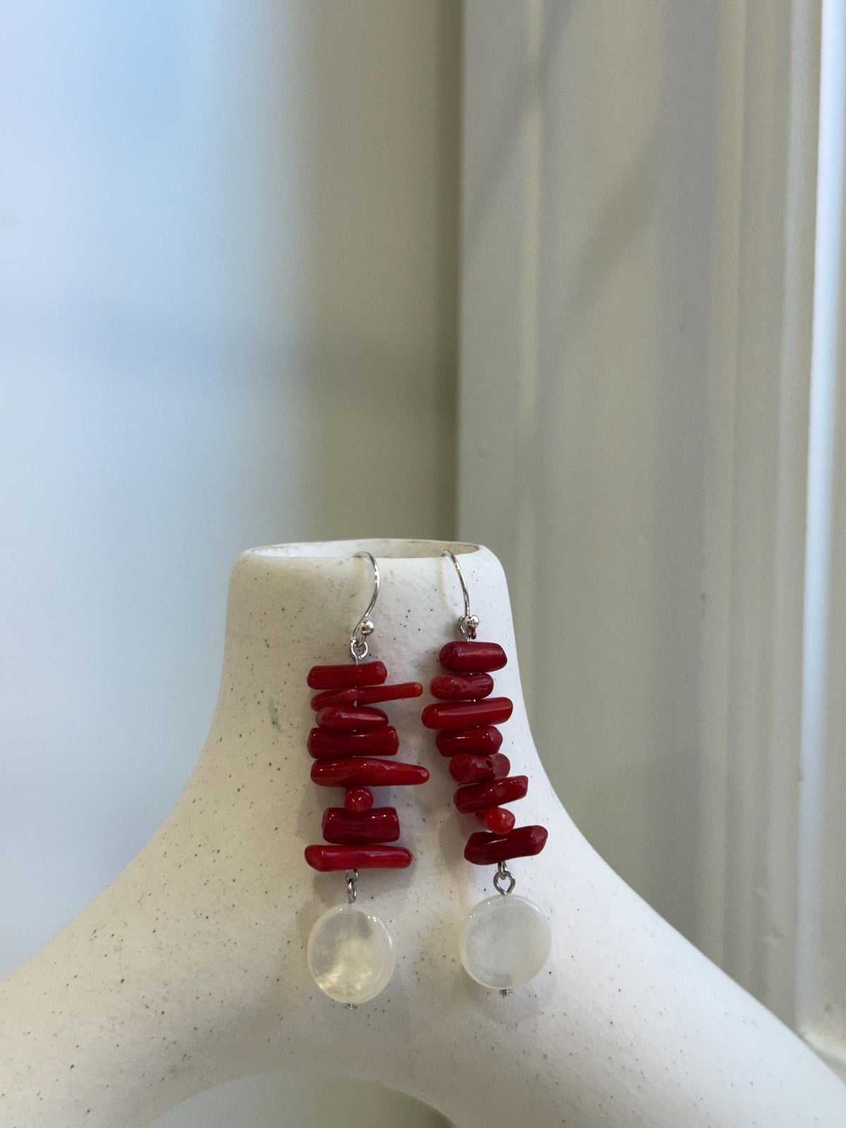 Natural Metallic Iridescent Shells Red Bamboo Corals S925 silver vintage cool earring Hoops chandeliers gift for her. 5.5cm high.