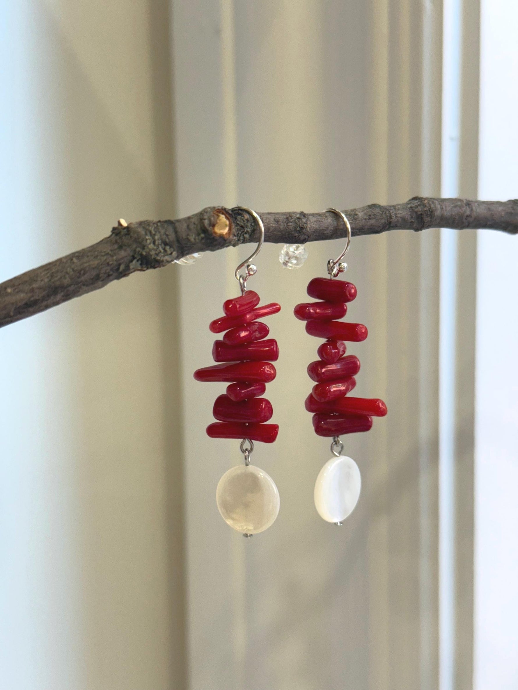 Natural Metallic Iridescent Shells Red Bamboo Corals S925 silver vintage cool earring Hoops chandeliers gift for her. 5.5cm high.