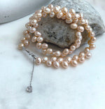 In sale Extreme luster Freshwater peach rice Pearls Necklace strand. 7-8mm 16.9”