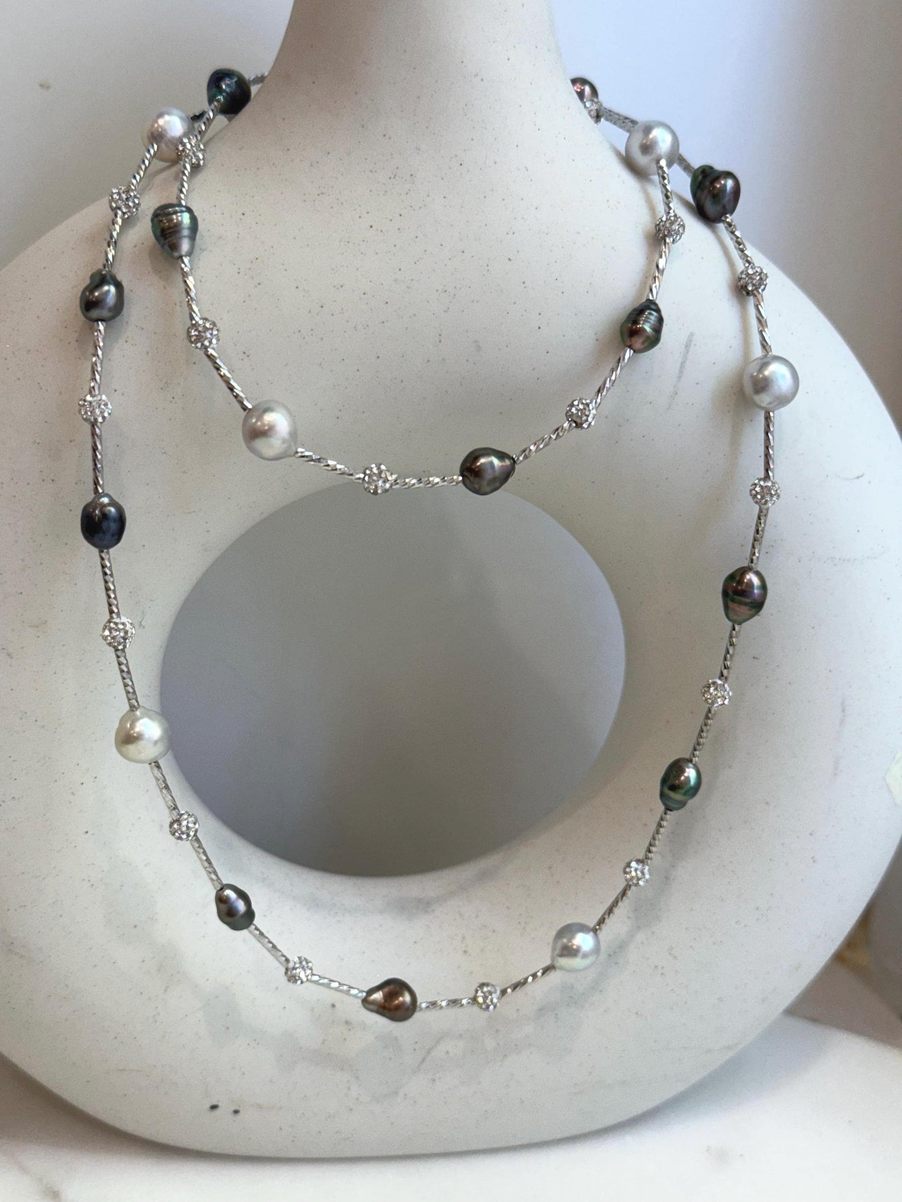 Tahitian Keshi S925 Silver Designed Long Necklace: Extreme luster Tahitian Keshi Akoya Blue Silver Ocean Ocean pearls,  to 28” long.