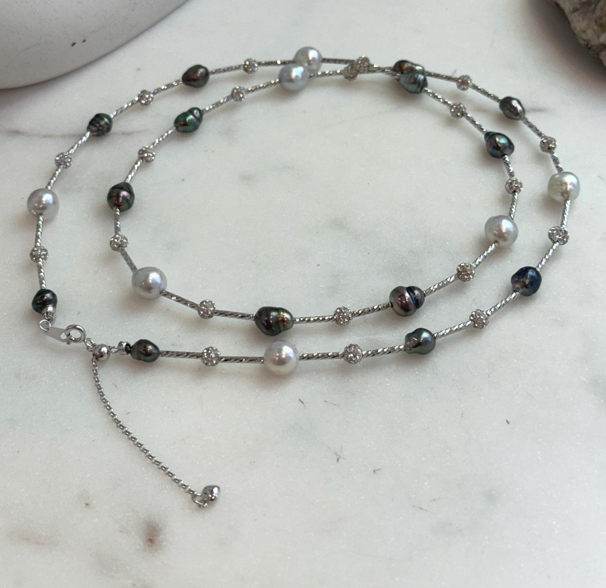 Tahitian Keshi S925 Silver Designed Long Necklace: Extreme luster Tahitian Keshi Akoya Blue Silver Ocean Ocean pearls,  to 28” long.
