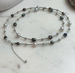 Tahitian Keshi S925 Silver Designed Long Necklace: Extreme luster Tahitian Keshi Akoya Blue Silver Ocean Ocean pearls,  to 28” long.