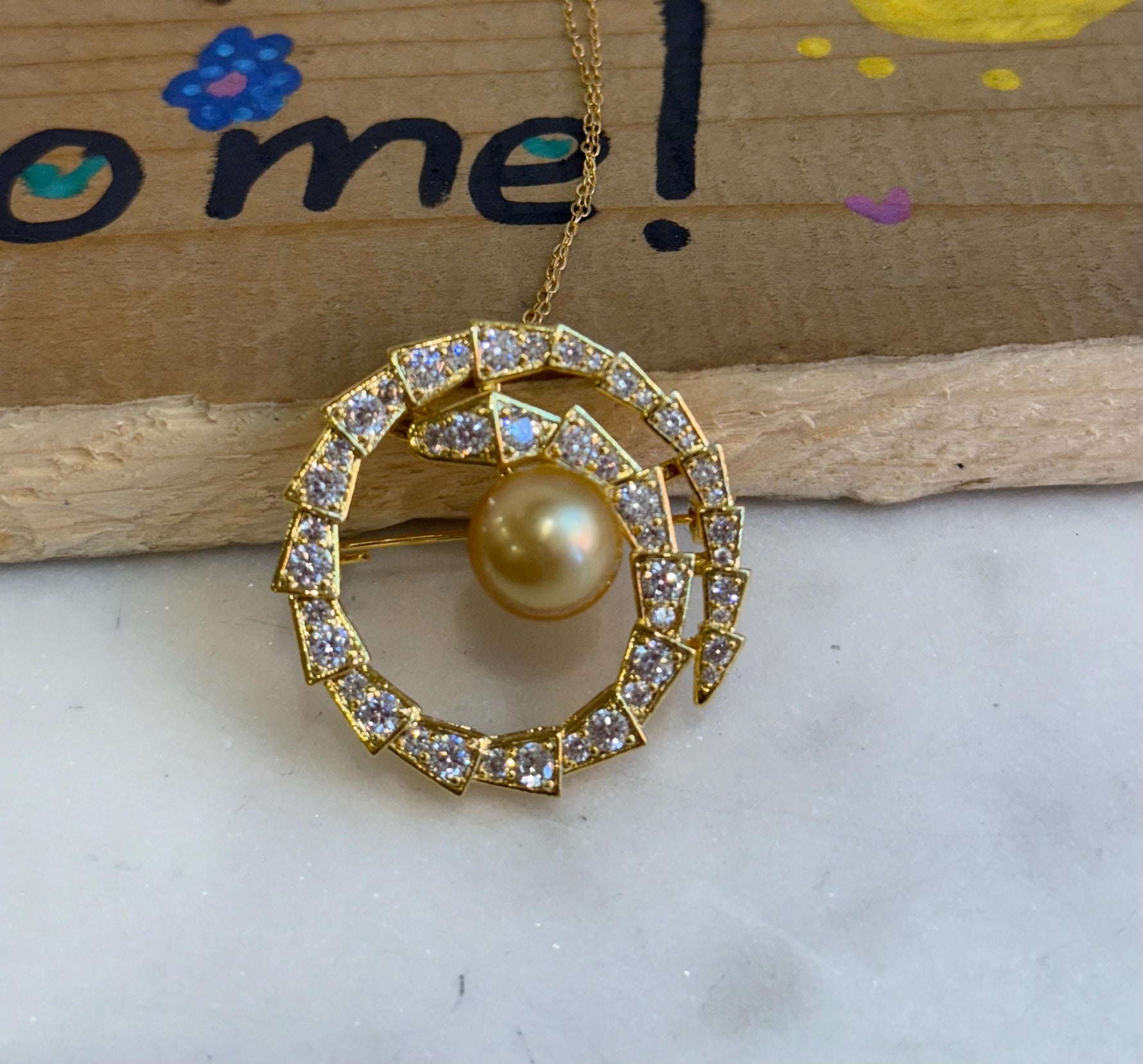 South Sea Golden Pearl Snake Brooch Pendant 2in1: 11.4mm 3.6cm dia, cool. s925 silver chain for seperate purchase.