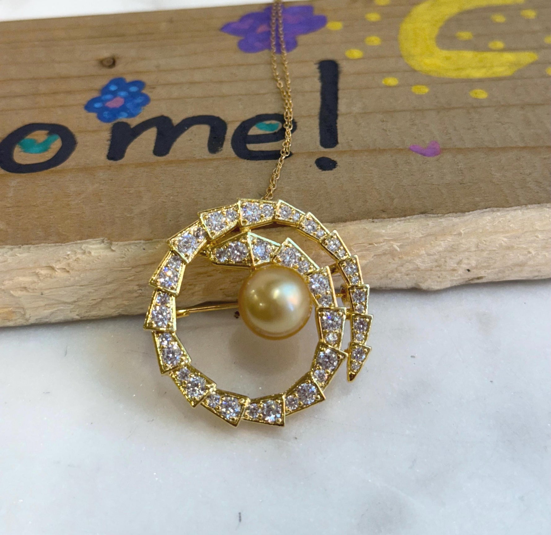 South Sea Golden Pearl Snake Brooch Pendant 2in1: 11.4mm 3.6cm dia, cool. s925 silver chain for seperate purchase.