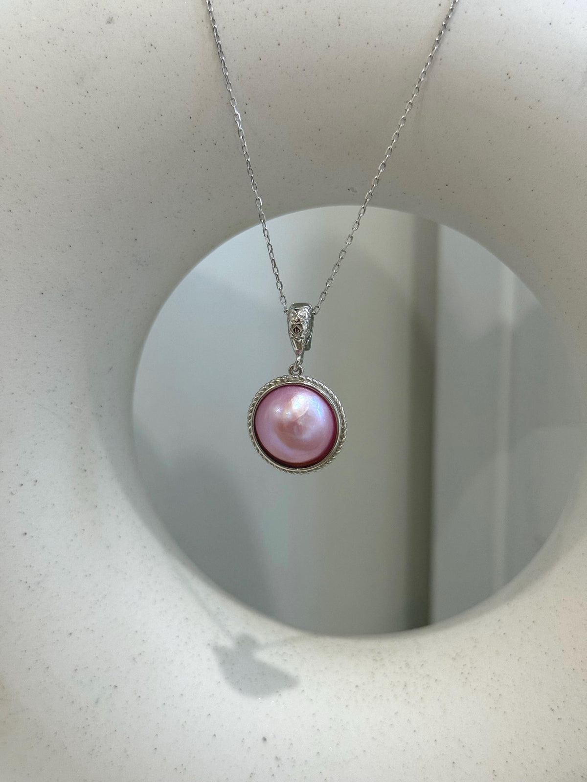 Insale strong luster Pink iridescent ocean Mabe dazzling s925 silver earrings & pendant necklace set. Gift for her birthday.