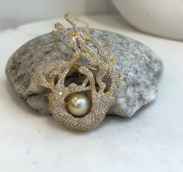 South sea golden pearl brooch pendant 2in1: Extreme luster mirrored effect, 10mm, lemon gold pearl, Coral design. for her birthday