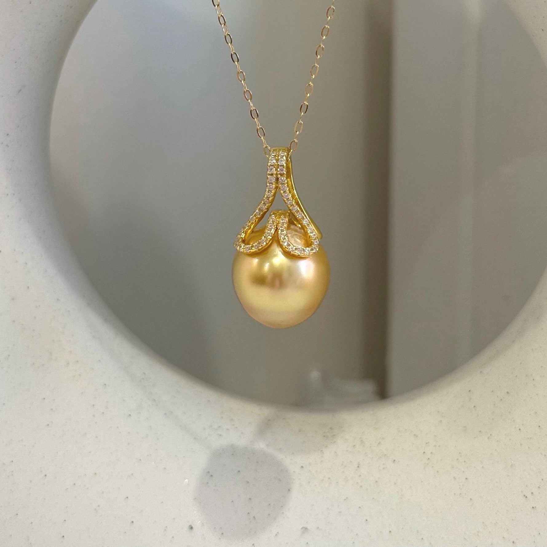 13.1mm Insale Extreme luster South Sea deep deep Golden ocean Pearl S925 silver mermaid tail pendant chain Anniversary birthday Gift for her