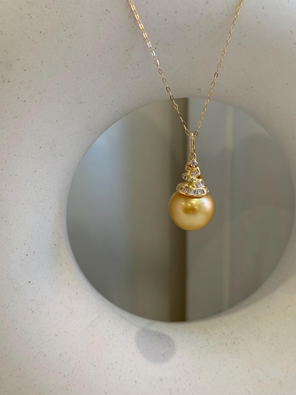 South sea golden ocean pearl vintage pendant: 13.4mm strong luster, deep golden pearl, s925 silver vintage pendant necklace set. for her daily wear