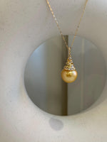 South sea golden ocean pearl vintage pendant: 13.4mm strong luster, deep golden pearl, s925 silver vintage pendant necklace set. for her daily wear