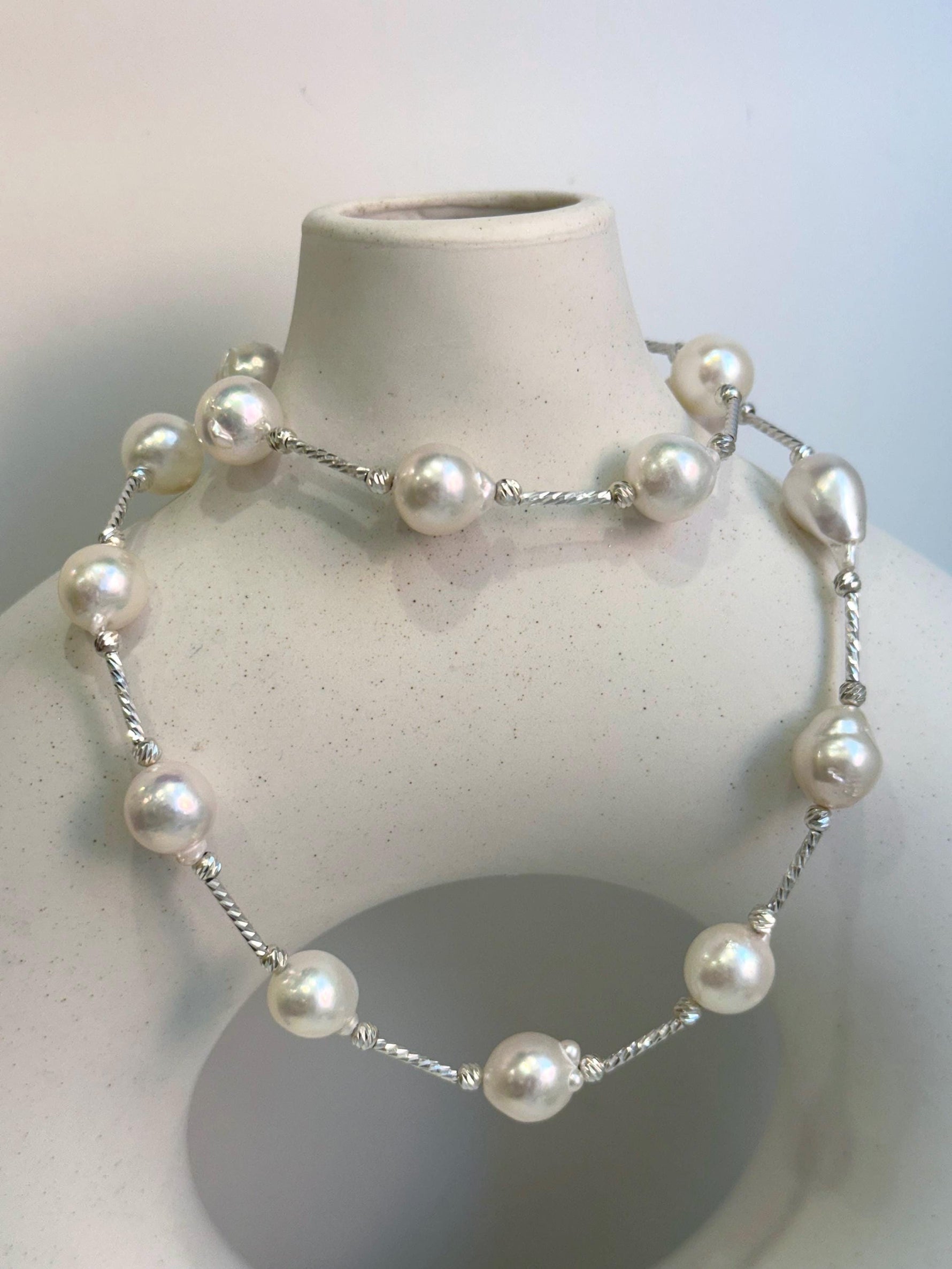17pcs Extreme luster Akoya Ocean White pearls Satellite Exceptional Elegant s925 silver Necklace set for her. To 20”
