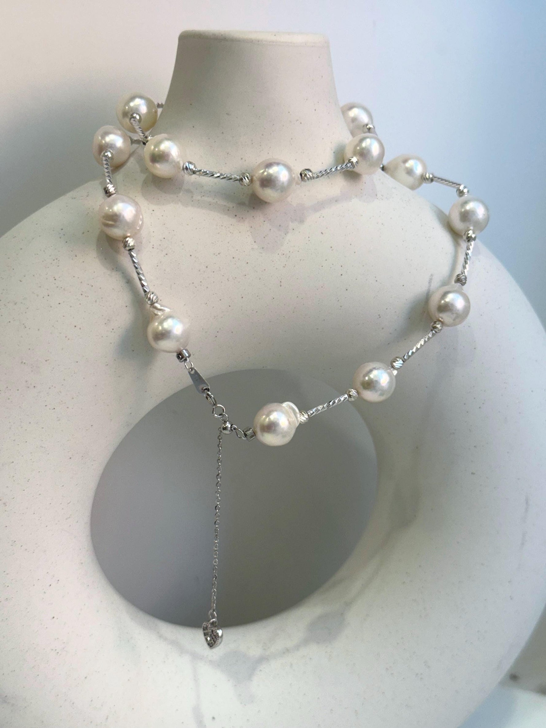 17pcs Extreme luster Akoya Ocean White pearls Satellite Exceptional Elegant s925 silver Necklace set for her. To 20”