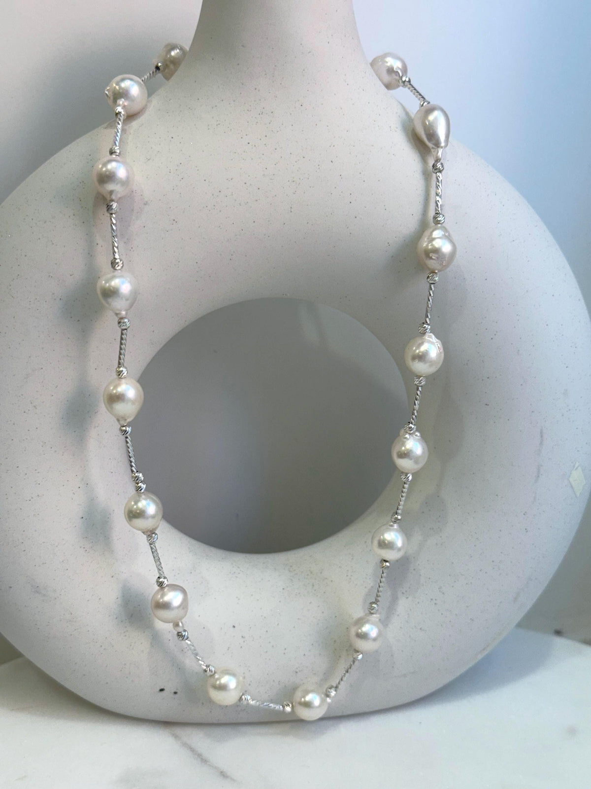 17pcs Extreme luster Akoya Ocean White pearls Satellite Exceptional Elegant s925 silver Necklace set for her. To 20”