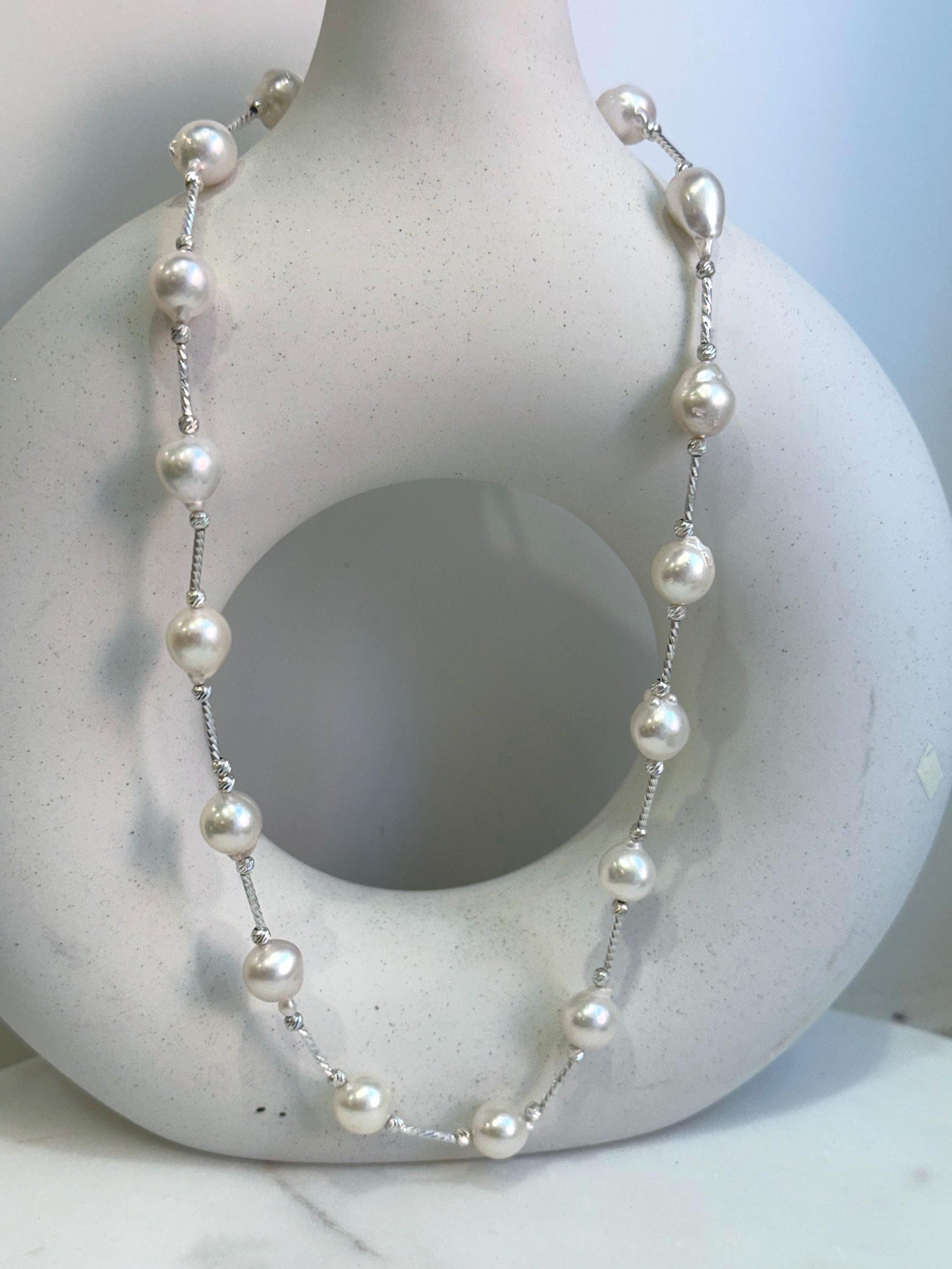17pcs Extreme luster Akoya Ocean White pearls Satellite Exceptional Elegant s925 silver Necklace set for her. To 20”