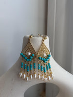 White Pearls Turquoise Earrings Chandeliers: Extreme luster pearls, 4.7-6.2mm, Genius Turquoise earrings. Boho earrings.