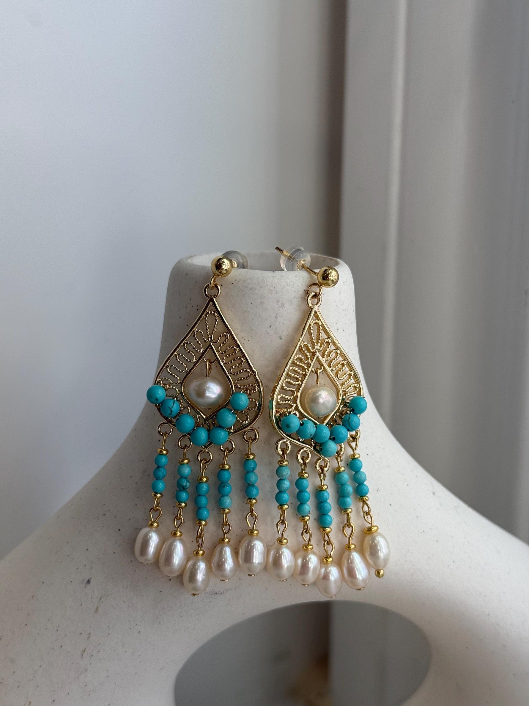 White Pearls Turquoise Earrings Chandeliers: Extreme luster pearls, 4.7-6.2mm, Genius Turquoise earrings. Boho earrings.