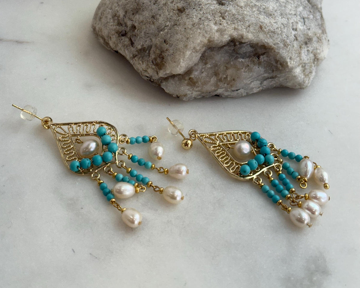 White Pearls Turquoise Earrings Chandeliers: Extreme luster pearls, 4.7-6.2mm, Genius Turquoise earrings. Boho earrings.
