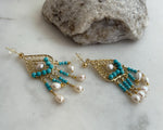 White Pearls Turquoise Earrings Chandeliers: Extreme luster pearls, 4.7-6.2mm, Genius Turquoise earrings. Boho earrings.
