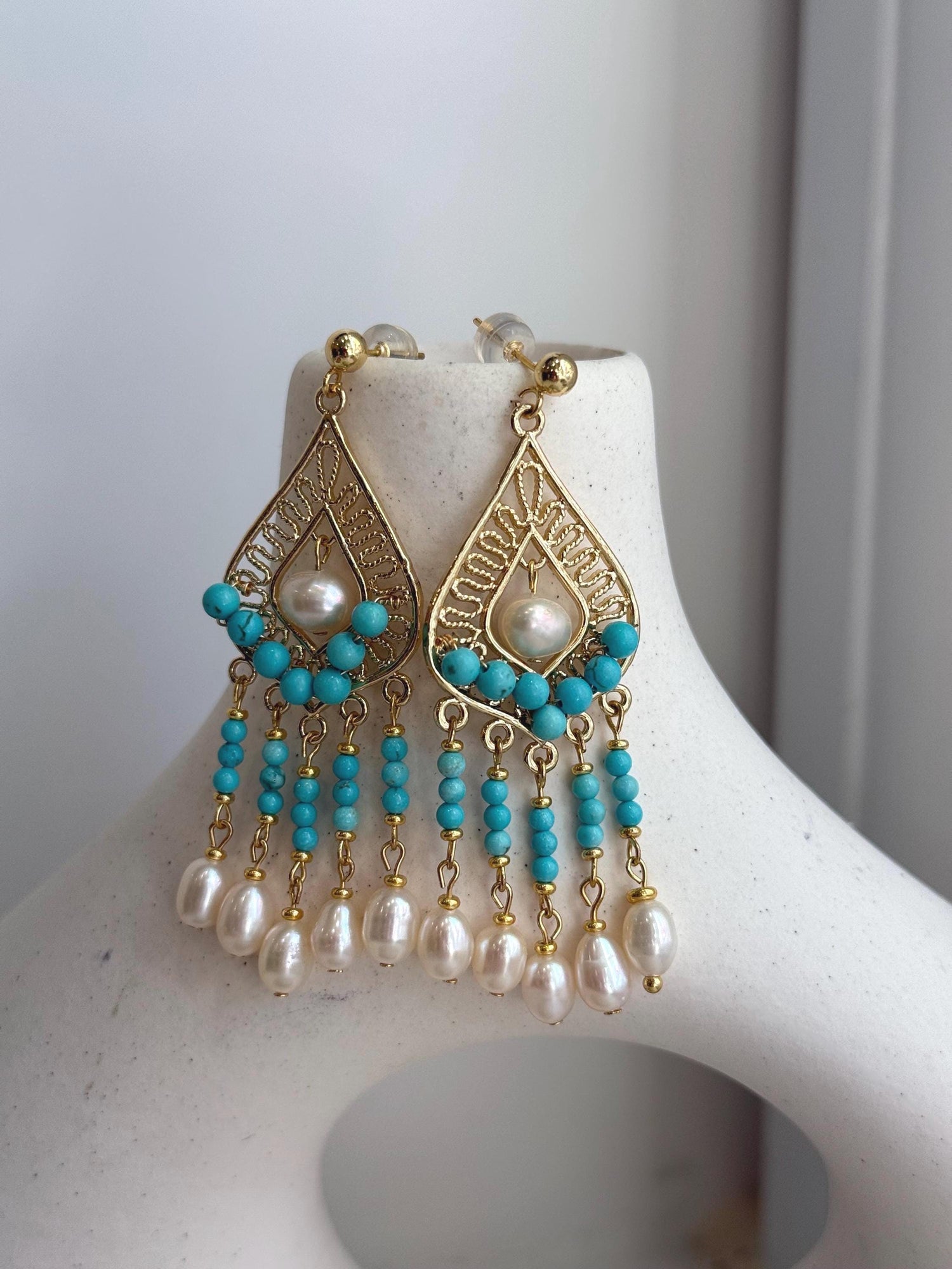 White Pearls Turquoise Earrings Chandeliers: Extreme luster pearls, 4.7-6.2mm, Genius Turquoise earrings. DDP No Tariffs.