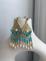 White Pearls Turquoise Earrings Chandeliers: Extreme luster pearls, 4.7-6.2mm, Genius Turquoise earrings. Boho earrings.