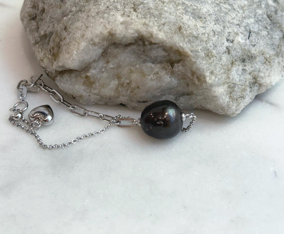 11.2mm Extreme luster mirrored Tahitian Ocean Saltwater Elegant black deep chocolate pearl s925 silver adjustable daily bracelet. To 7.6”