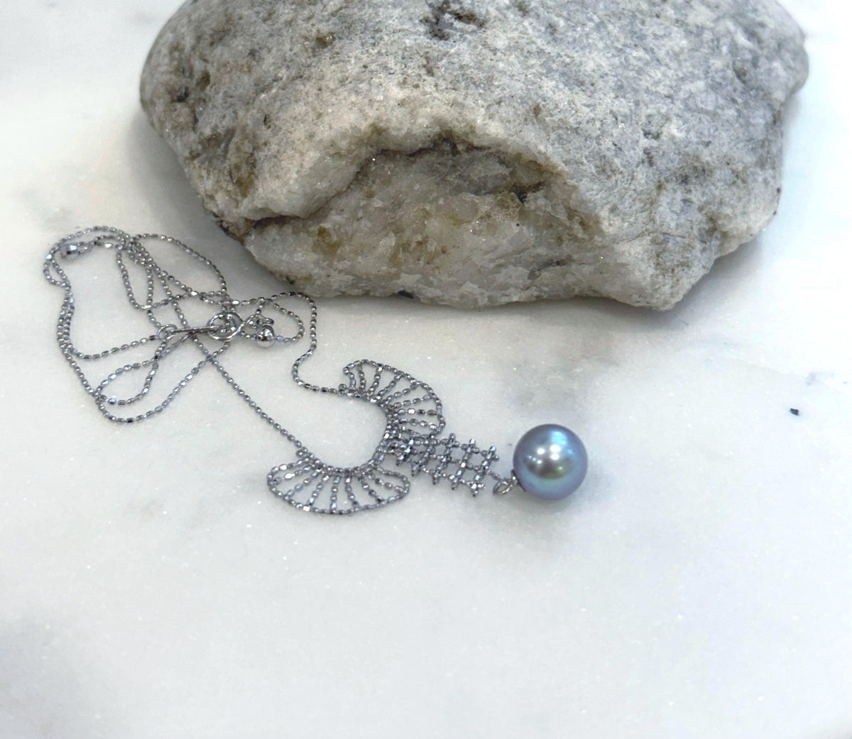 blue silver Akoya ocean Pearl s925 silver lace necklace set for her office wear