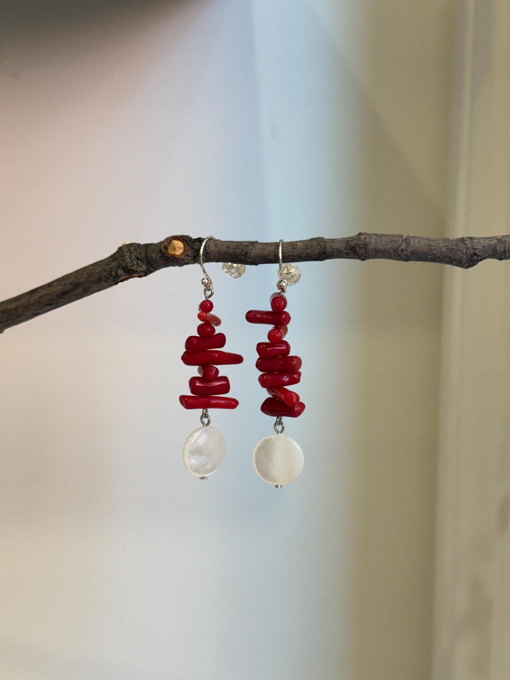Natural Metallic Iridescent Shells Red Bamboo Corals S925 silver vintage cool earring Hoops chandeliers gift for her. 5.5cm high.
