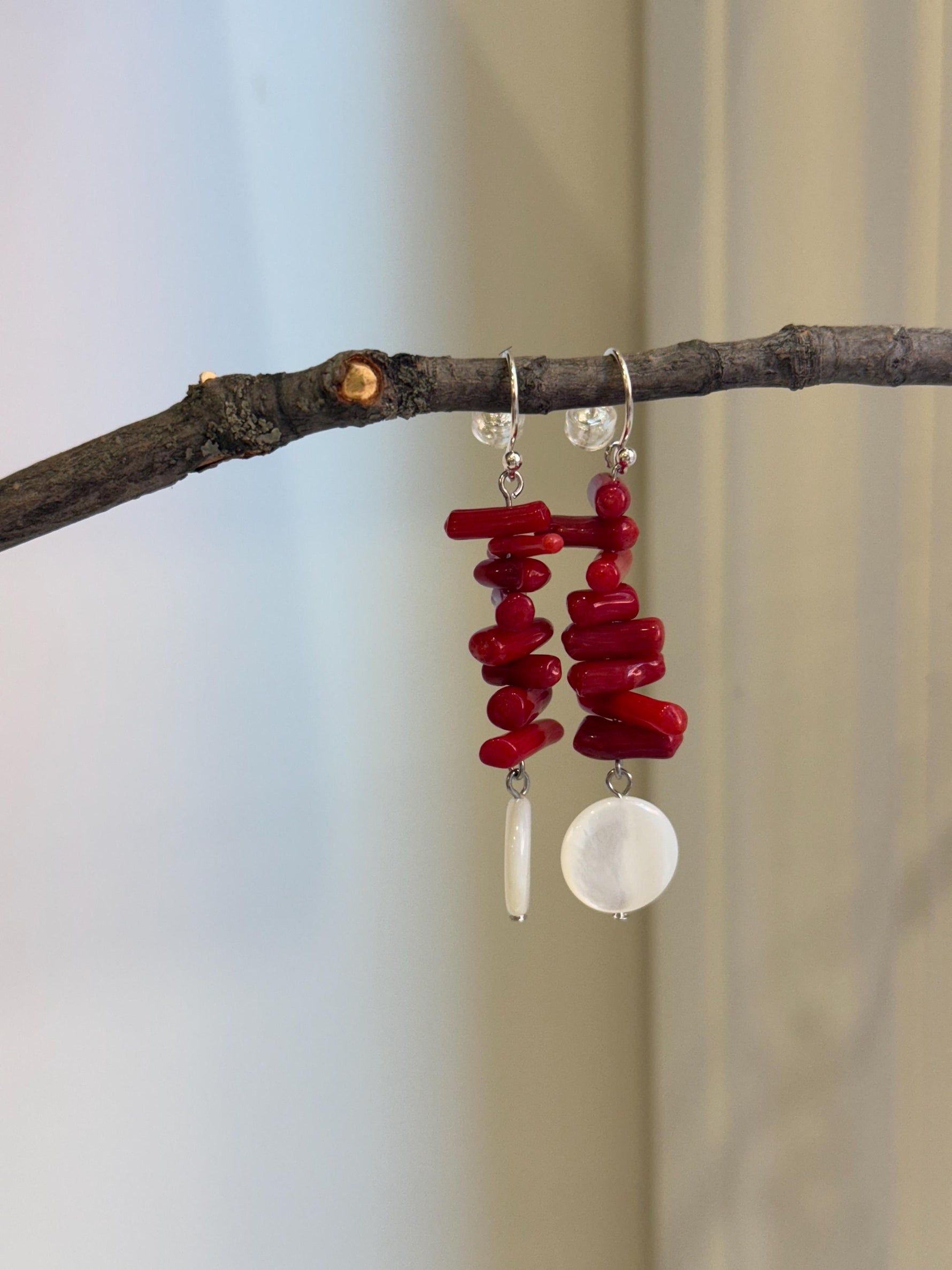 Natural Metallic Iridescent Shells Red Bamboo Corals S925 silver vintage cool earring Hoops chandeliers gift for her. 5.5cm high.