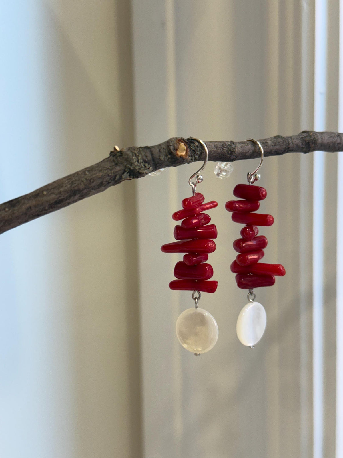 Natural Metallic Iridescent Shells Red Bamboo Corals S925 silver vintage cool earring Hoops chandeliers gift for her. 5.5cm high.