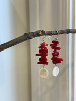 Natural Metallic Iridescent Shells Red Bamboo Corals S925 silver vintage cool earring Hoops chandeliers gift for her. 5.5cm high.