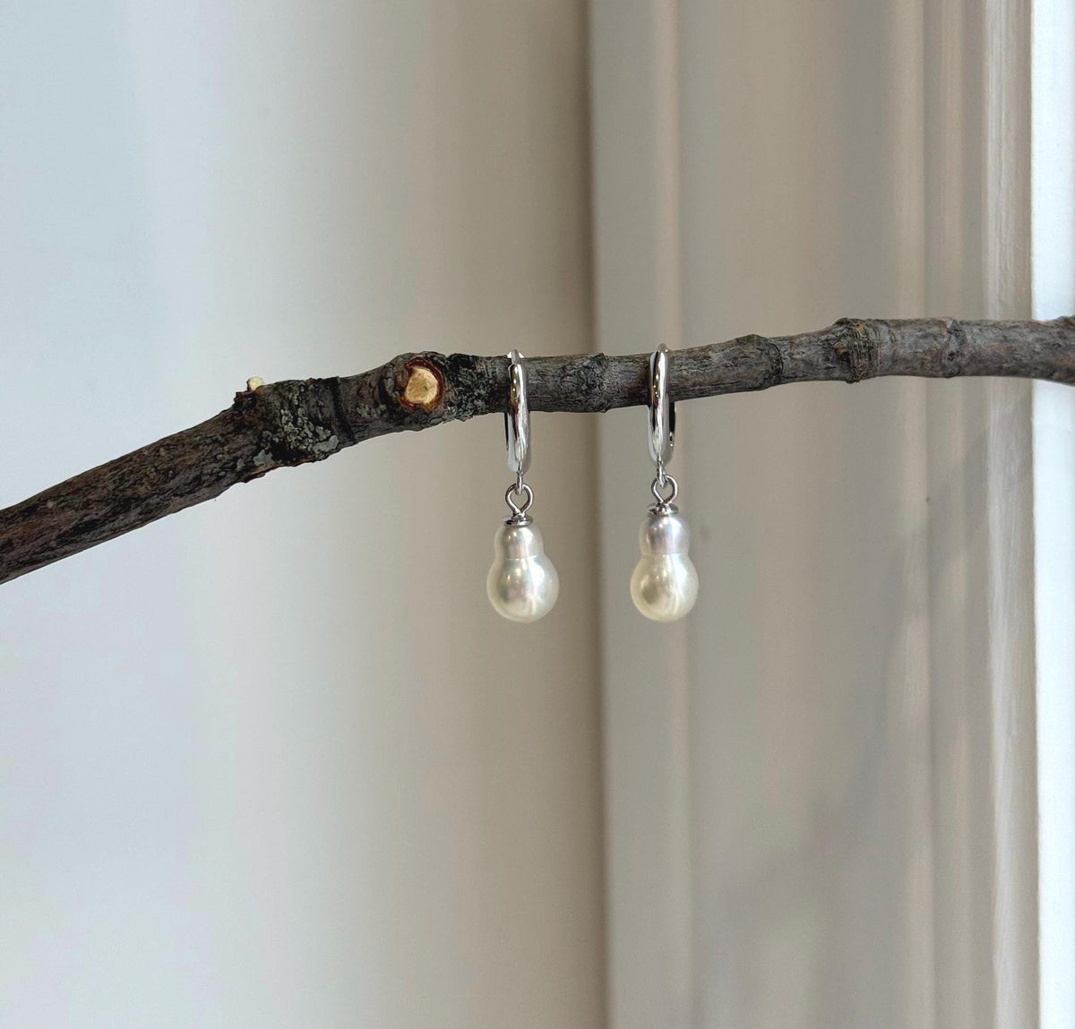 Freshwater Peanut Keshi Pearls Earrings Hoops: Extreme luster mirrored, 6.5mm, ivory silver. S925 silver hoops.