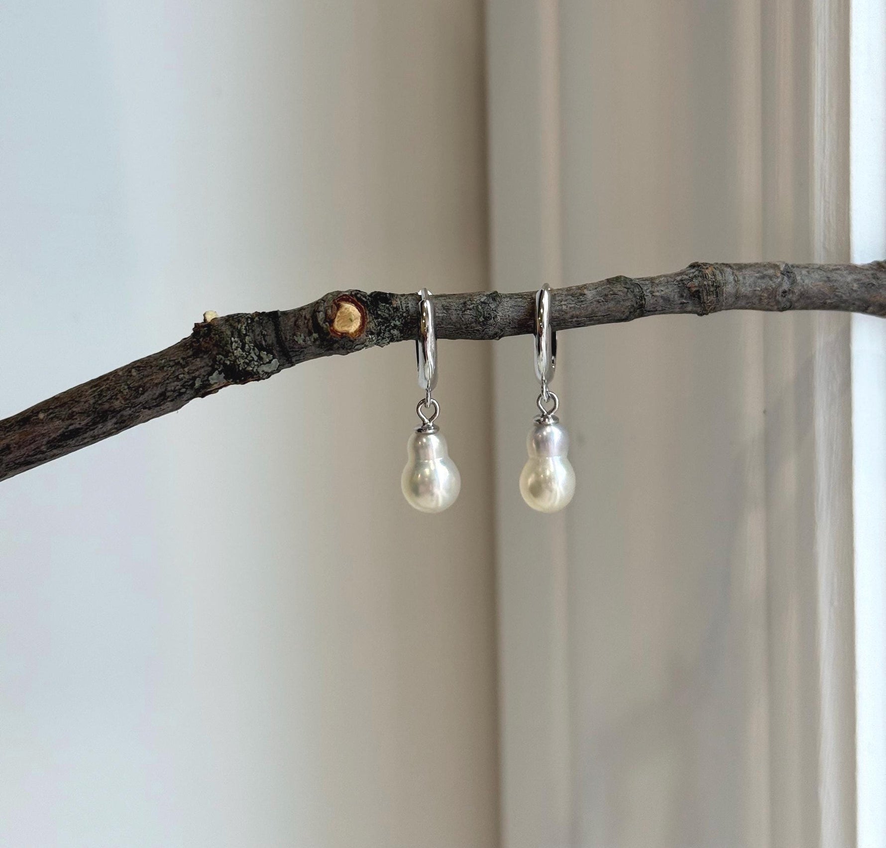 Freshwater Peanut Keshi Pearls Earrings Hoops: Extreme luster mirrored, 6.5mm, ivory silver. S925 silver hoops.