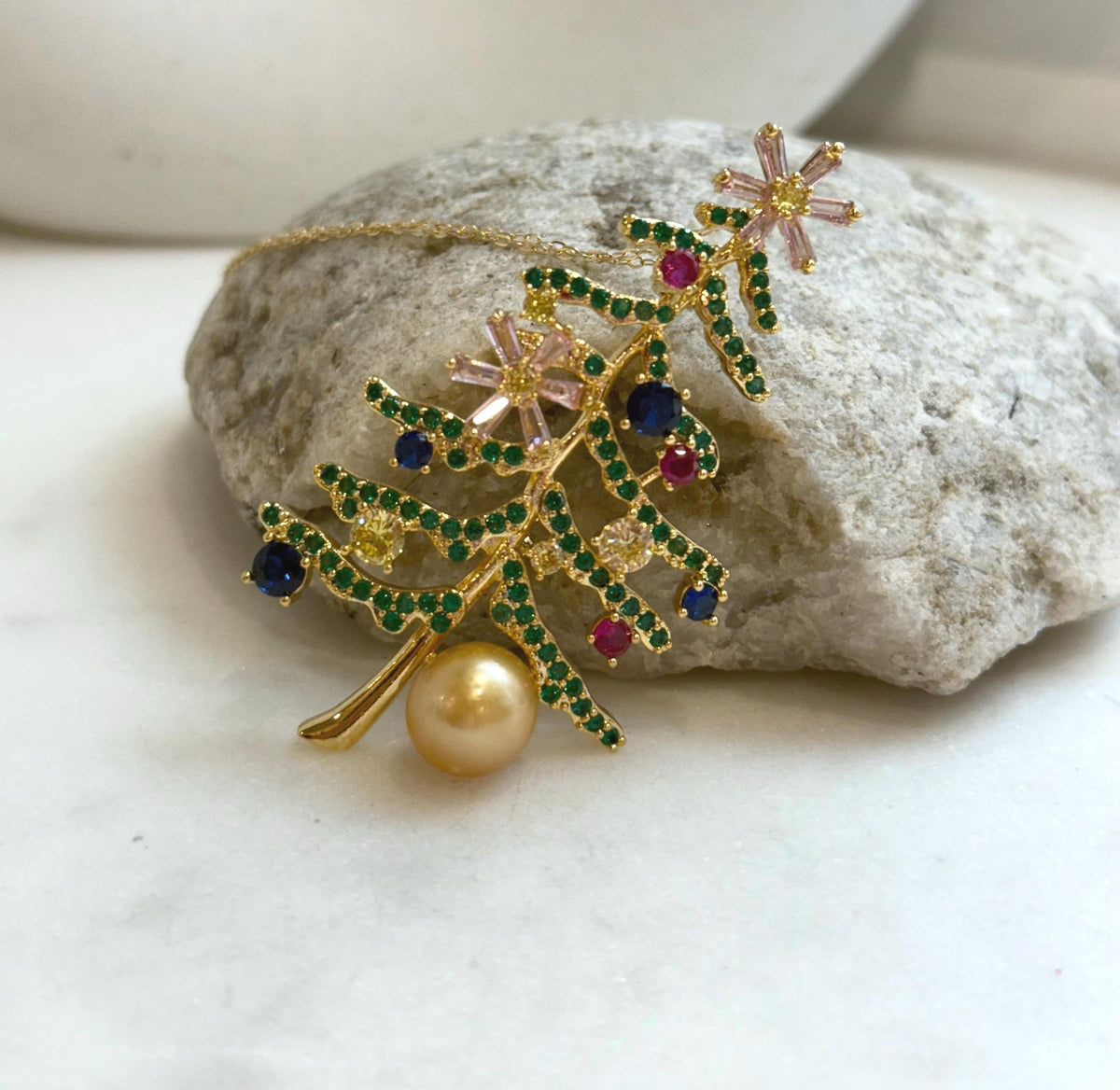 South Sea Golden Pearl Christmas Tree Brooch Pendant 2in1: 9.8x10.2mm, 3.3x6.2cm, colorful tree. with s925 silver chain adjustable.