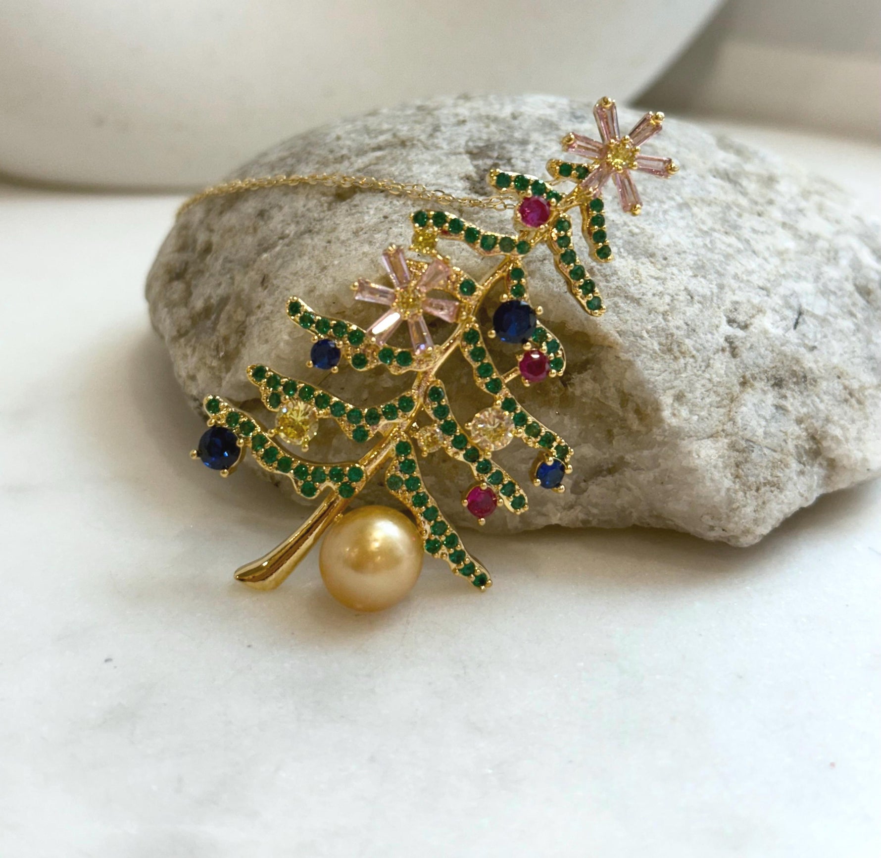 South Sea Golden Pearl Christmas Tree Brooch Pendant 2in1: 9.8x10.2mm, 3.3x6.2cm, colorful tree. with s925 silver chain adjustable.